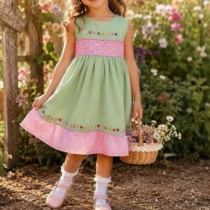 BT Kids Green Floral Embroidered Smocked Dress Pink Gingham Size 4 Linen Blend
